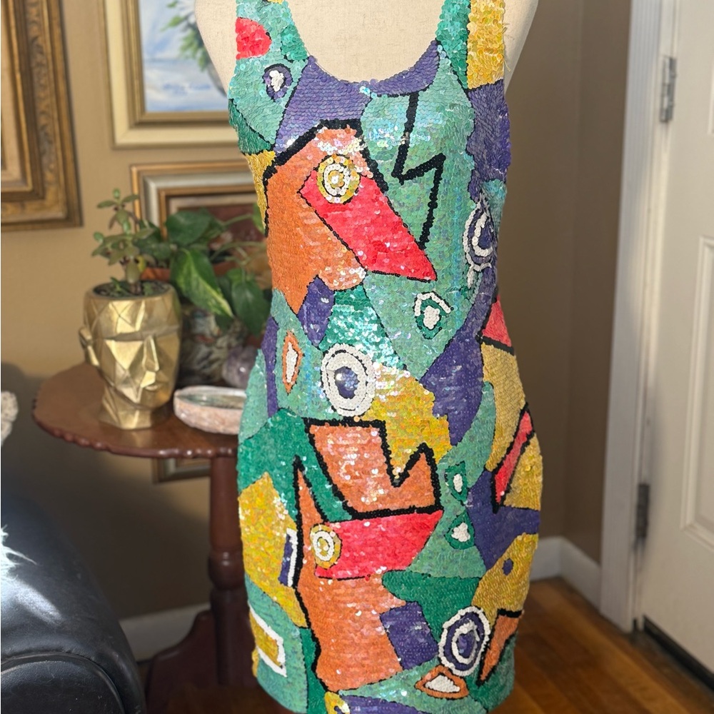 Vibrant Multicolor Sequin Vintage Dress Art to Wear Maximalist Unique Medium